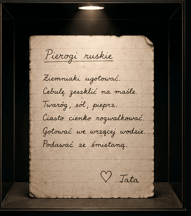 A handwritten recipe card for pierogi ruskie, in Polish, signed Tata, lit inside a display case