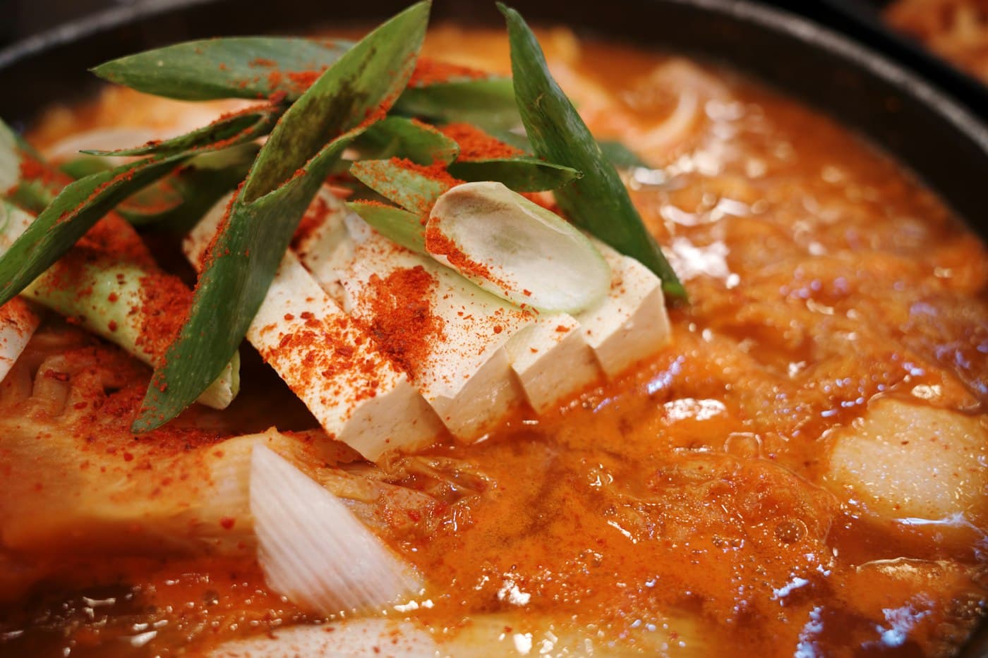 A close view of kimchi stew with tofu and spring onion