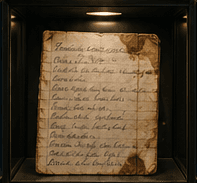Handwritten recipe card for Gołąbki, lit in a display case